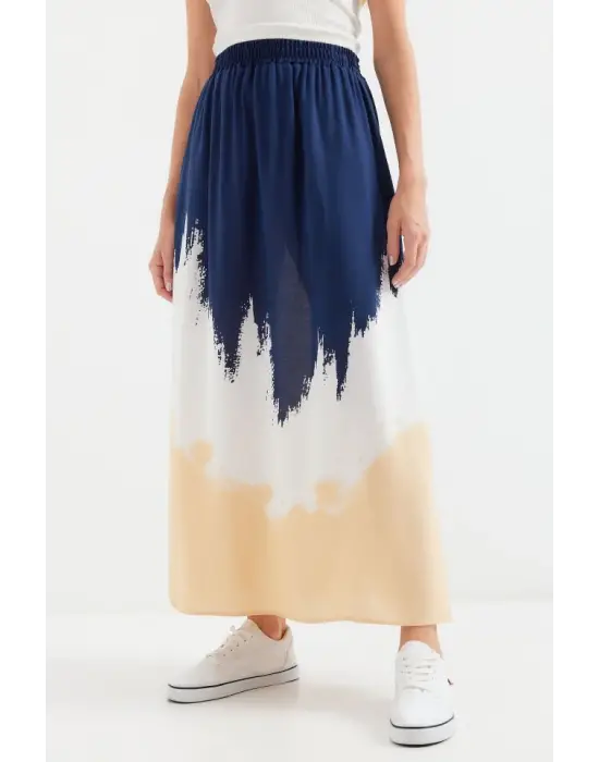 8025 Desenli Uzun Viskon Etek - Lacivert
