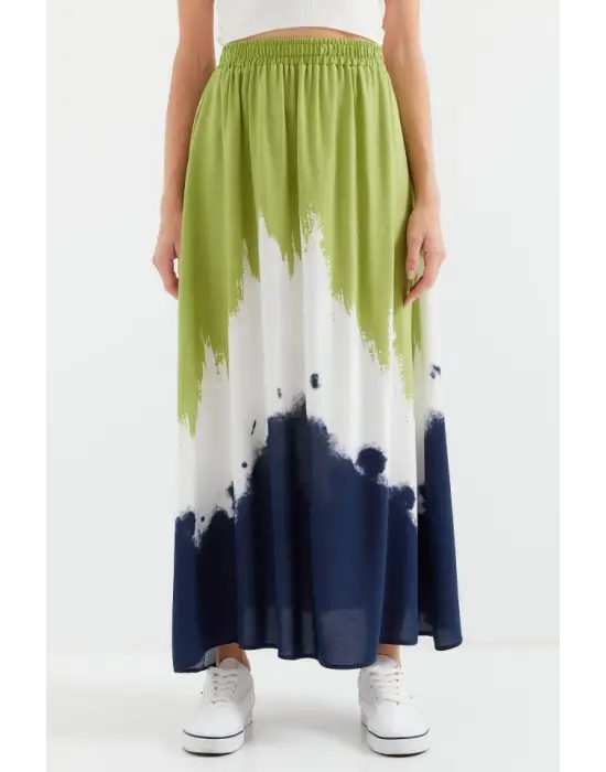 8025 Desenli Uzun Viskon Etek - Yeşil