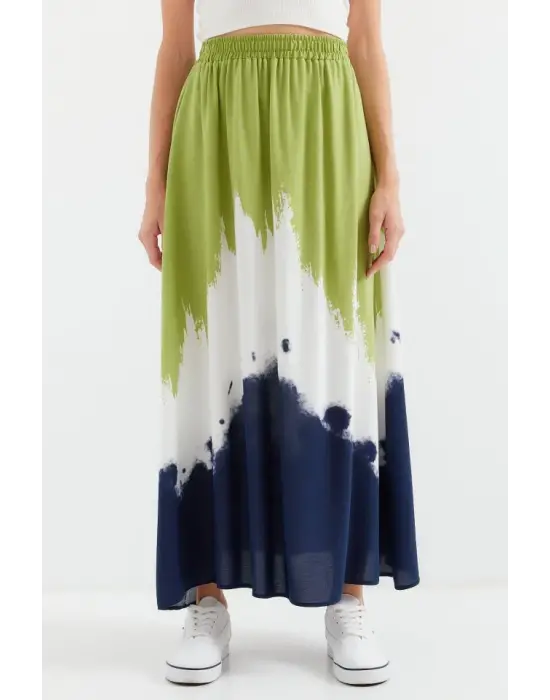 8025 Desenli Uzun Viskon Etek - Yeşil