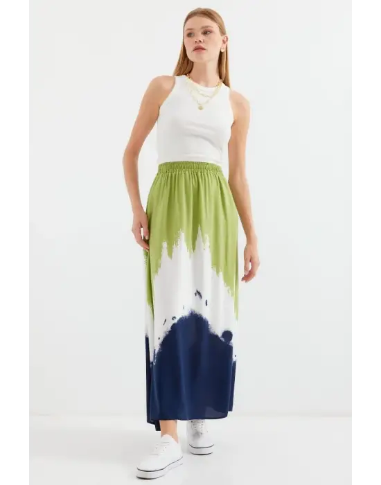8025 Desenli Uzun Viskon Etek - Yeşil