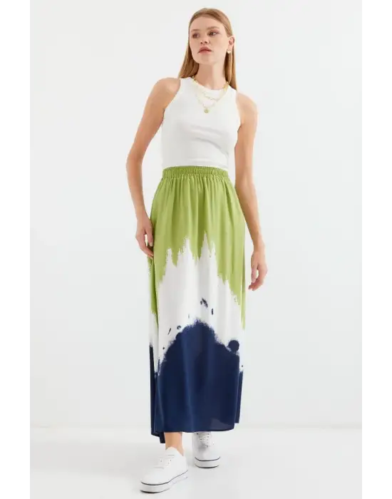 8025 Desenli Uzun Viskon Etek - Yeşil