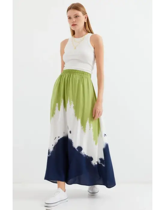 8025 Desenli Uzun Viskon Etek - Yeşil