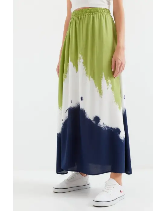 8025 Desenli Uzun Viskon Etek - Yeşil