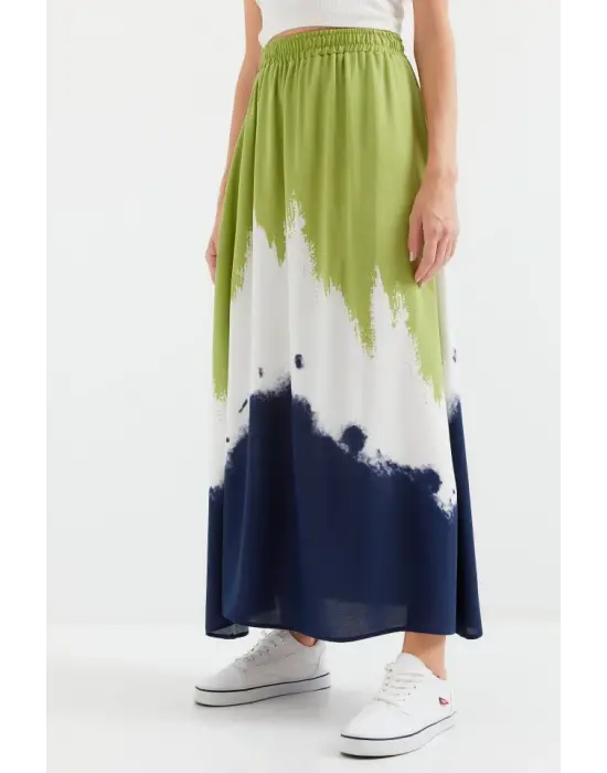 8025 Desenli Uzun Viskon Etek - Yeşil