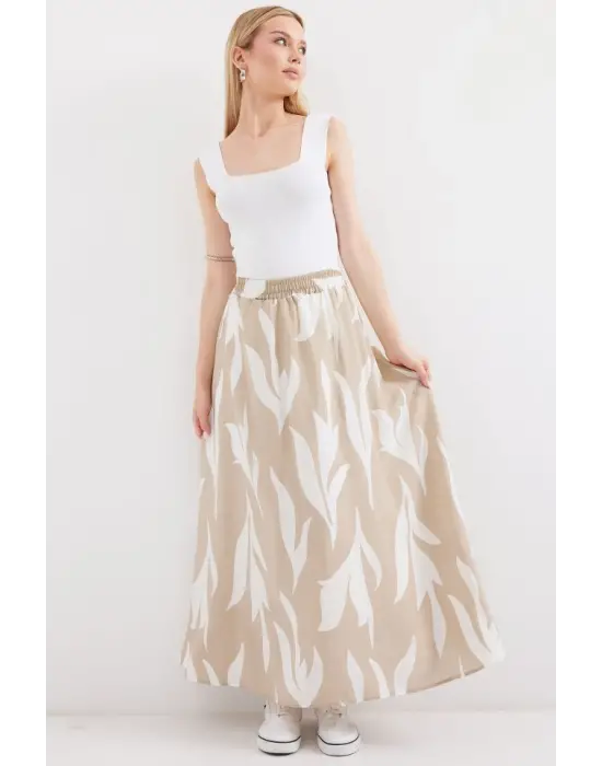 8028 Desenli Uzun Etek - Bej
