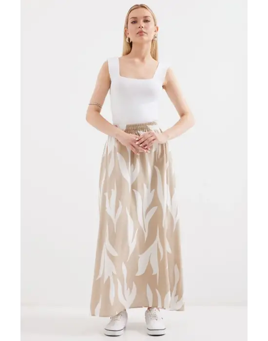 8028 Desenli Uzun Etek - Bej