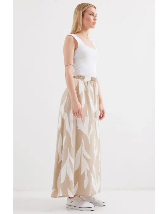8028 Desenli Uzun Etek - Bej