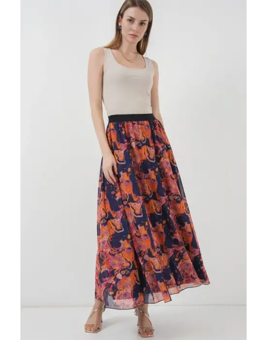 8032 Uzun Şifon Etek - Turuncu