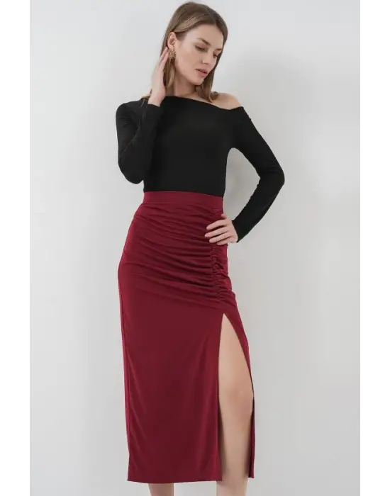 8033 Sandy Yırtmaçlı Etek - Bordo
