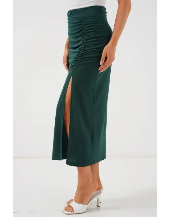 8033 Sandy Yırtmaçlı Etek - Zümrüt Yeşili