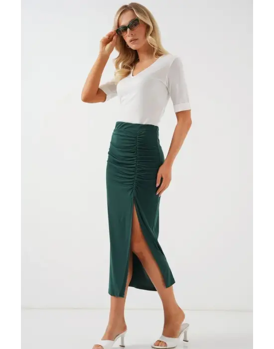 8033 Sandy Yırtmaçlı Etek - Zümrüt Yeşili