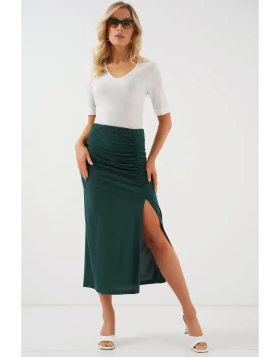 8033 Sandy Yırtmaçlı Etek - Zümrüt Yeşili