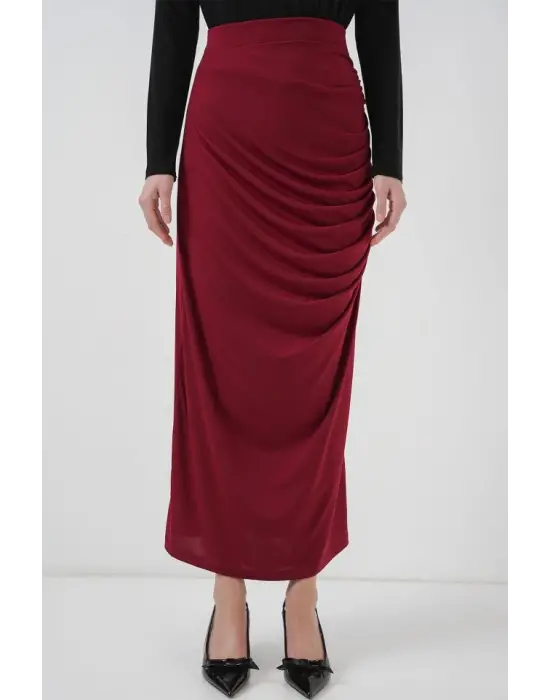 8035 Büzgülü Midi Etek - Bordo
