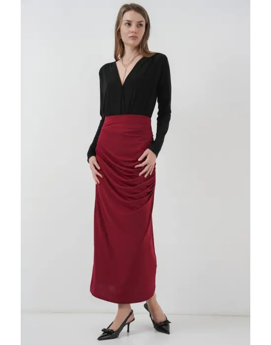 8035 Büzgülü Midi Etek - Bordo