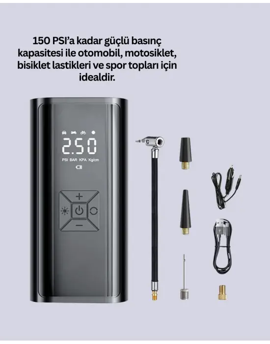 80w Kablosuz Dijital Ekranlı Taşınabilir Lastik Şişirme Pompası