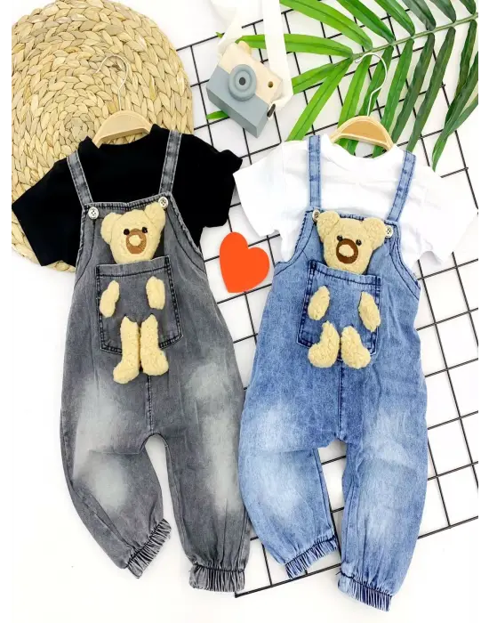 Omarı Bebeğiniz İçin Sevimli Ayıcıklı Cep Detaylı Mavi Salopet Takımı