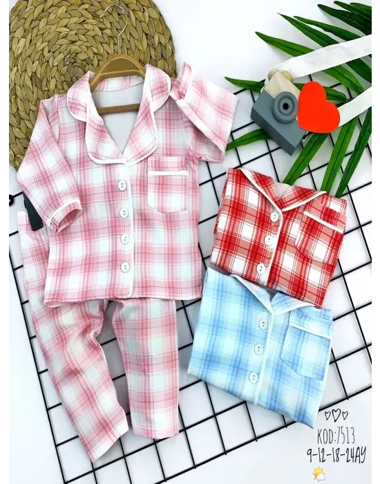 Omarı Yumuşak Ekose Desenli Bebek Pijama Takımı Mavi