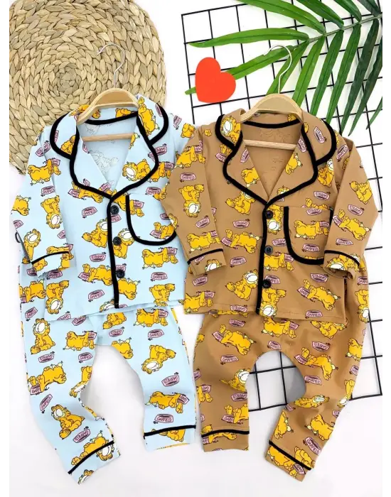 9-12-18-24 Ay Garfield Baskılı Düğme Kapamalı 2li Kız Erkek Bebek Pijama Takımı Kahverengi