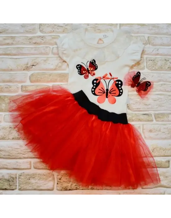 Çarpıcı Payetli Kelebek Nakışlı Kısa Kollu Tütü Etek Kırmızı