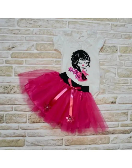 Zarif Nakışlı Kısa Kollu Tütü Etek 2li Bebek Takımı