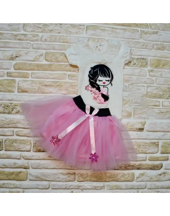 Zarif Nakışlı Tütü Etek Kız Bebek Takımı