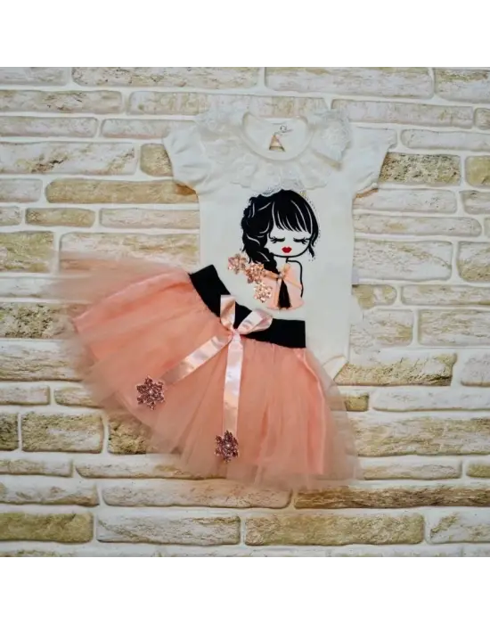 Nakışlı Kısa Kollu Tütü Etek Bebek Takımı