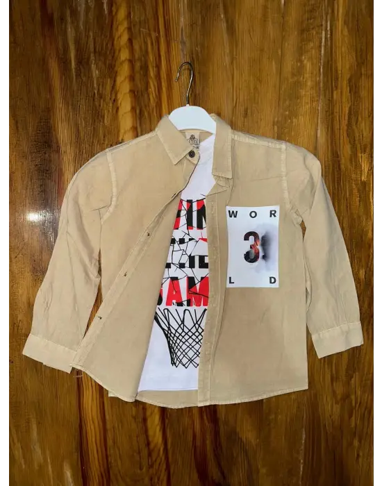 Omarı Çocuklar için Şık Vizon Renkli Tişört ve Gömlek Kombini