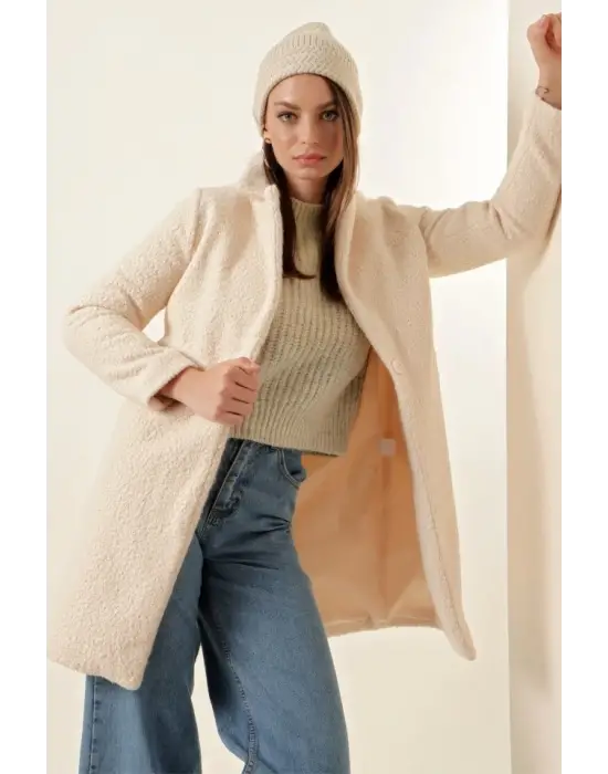 9082 Oversize Kaşe Kaban - Ekru