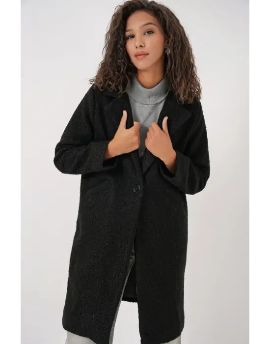 9082 Oversize Kaşe Kaban - Siyah