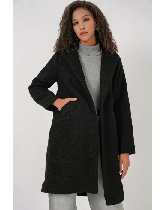 9082 Oversize Kaşe Kaban - Siyah