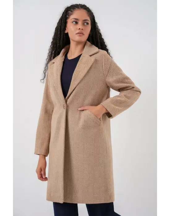 9085 Balık Sırtı Kaşe Kaban - Camel