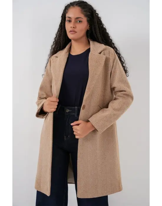 9085 Balık Sırtı Kaşe Kaban - Camel