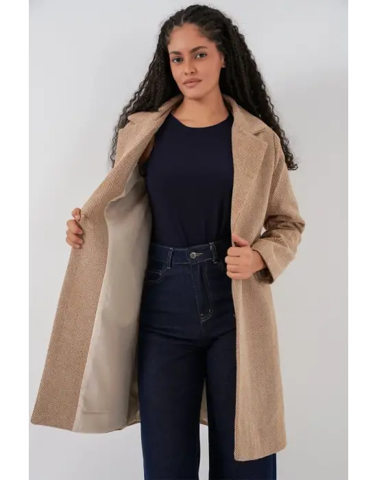 9085 Balık Sırtı Kaşe Kaban - Camel