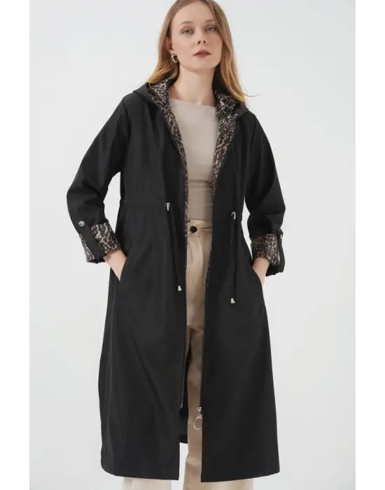 Modern Beli Büzgülü Kapşonlu Trençkot