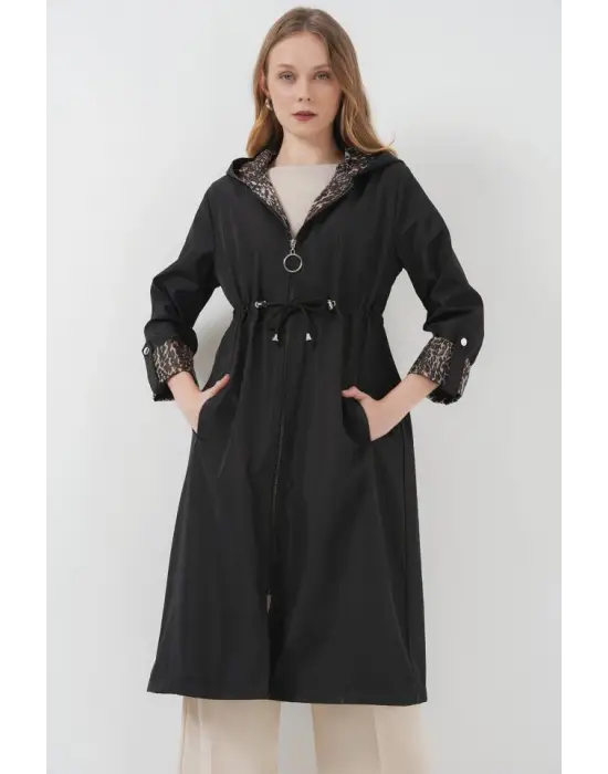 Modern Beli Büzgülü Kapşonlu Trençkot