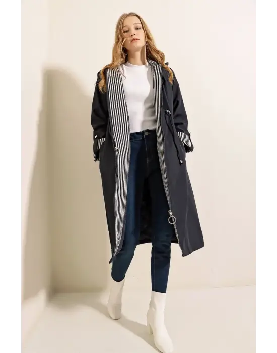 9091 Beli Büzgülü Kapşonlu Trençkot - Lacivert