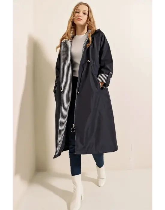 9091 Beli Büzgülü Kapşonlu Trençkot - Lacivert