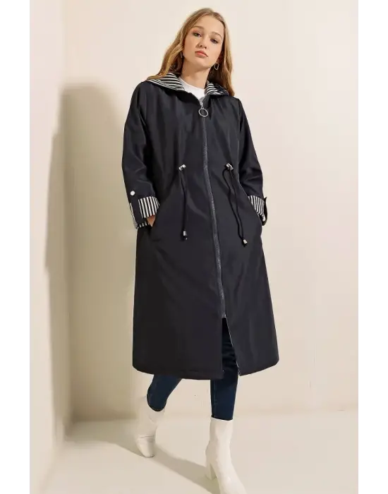 9091 Beli Büzgülü Kapşonlu Trençkot - Lacivert