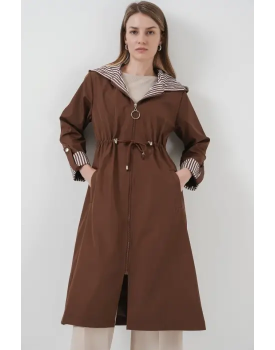 9091 Beli Büzgülü Kapşonlu Trençkot - M. Kahverengi