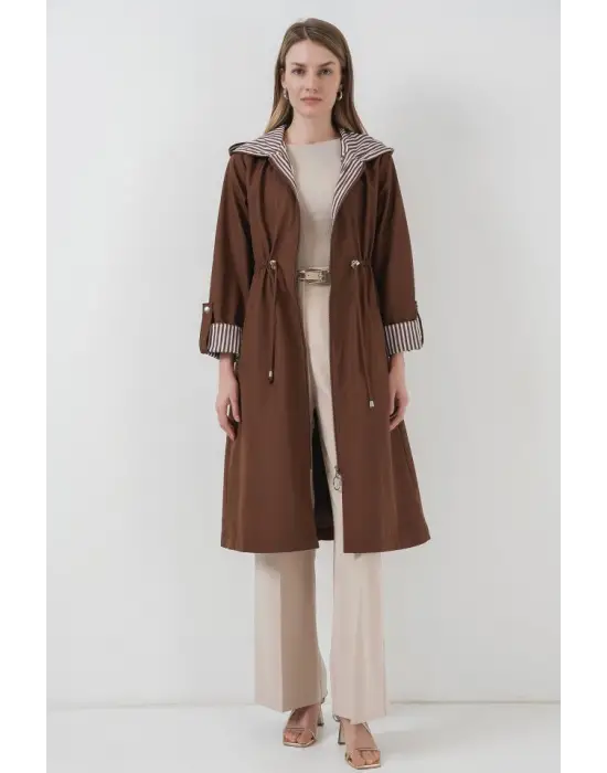9091 Beli Büzgülü Kapşonlu Trençkot - M. Kahverengi