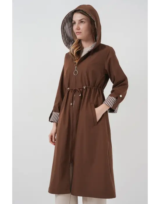 9091 Beli Büzgülü Kapşonlu Trençkot - M. Kahverengi