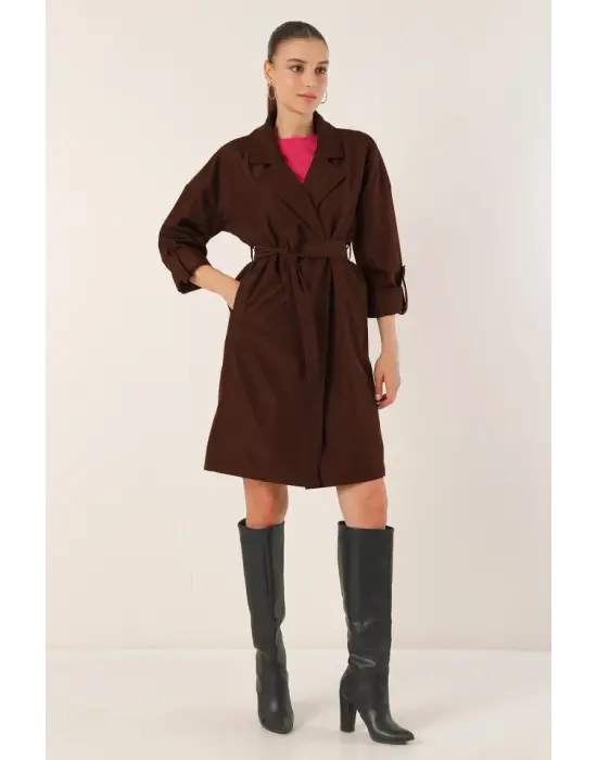 9104 Kruvaze Yaka Astarlı Trençkot - A.Kahve