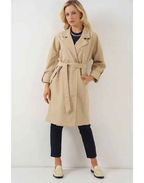 9104 Kruvaze Yaka Astarlı Trençkot - Bej
