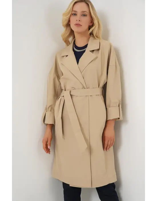 9104 Kruvaze Yaka Astarlı Trençkot - Bej