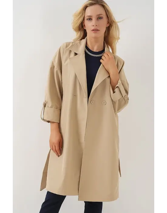 9104 Kruvaze Yaka Astarlı Trençkot - Bej