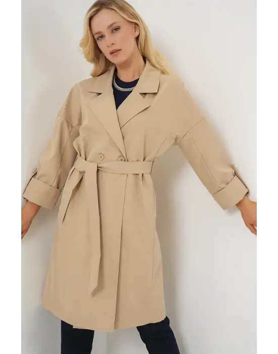 9104 Kruvaze Yaka Astarlı Trençkot - Bej