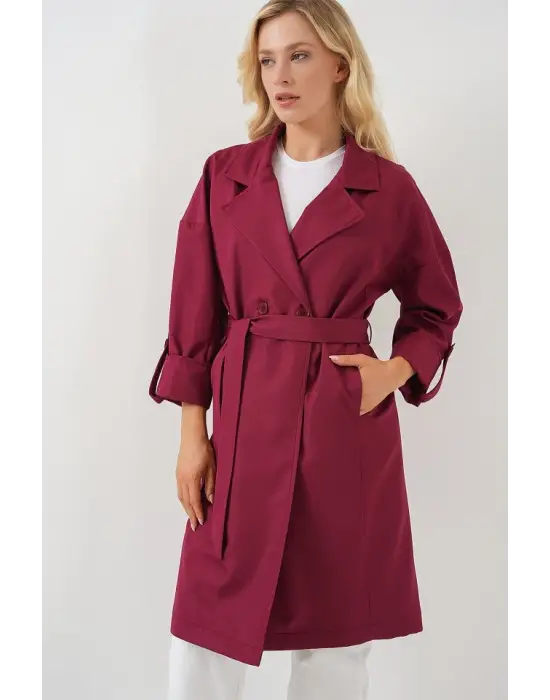 9104 Kruvaze Yaka Astarlı Trençkot - Bordo