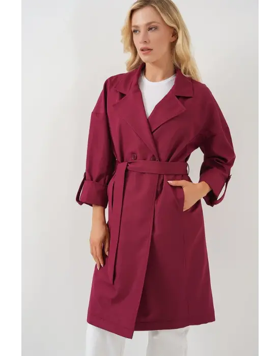 9104 Kruvaze Yaka Astarlı Trençkot - Bordo