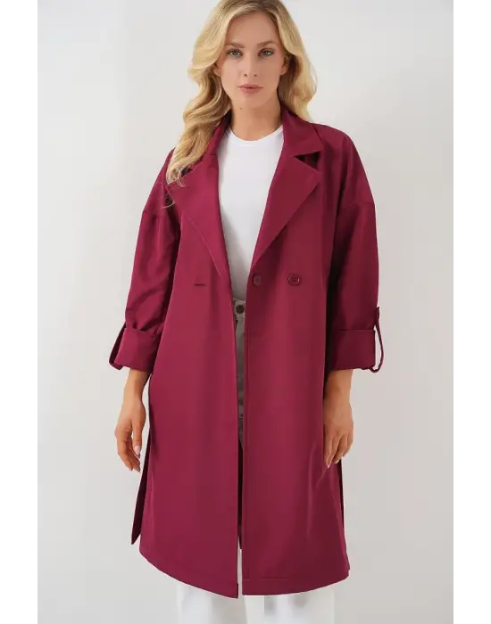 9104 Kruvaze Yaka Astarlı Trençkot - Bordo