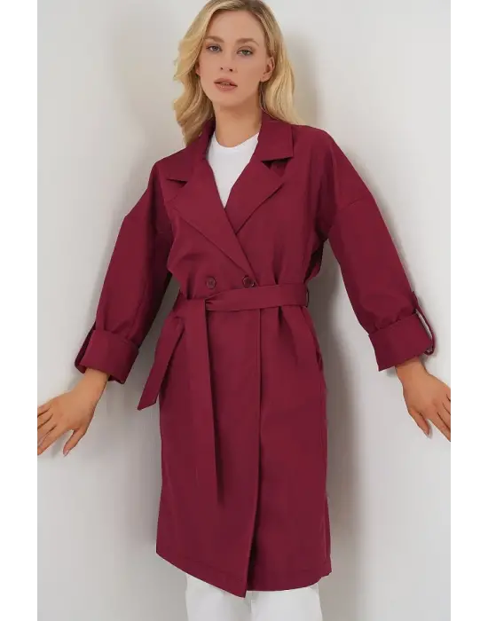 9104 Kruvaze Yaka Astarlı Trençkot - Bordo